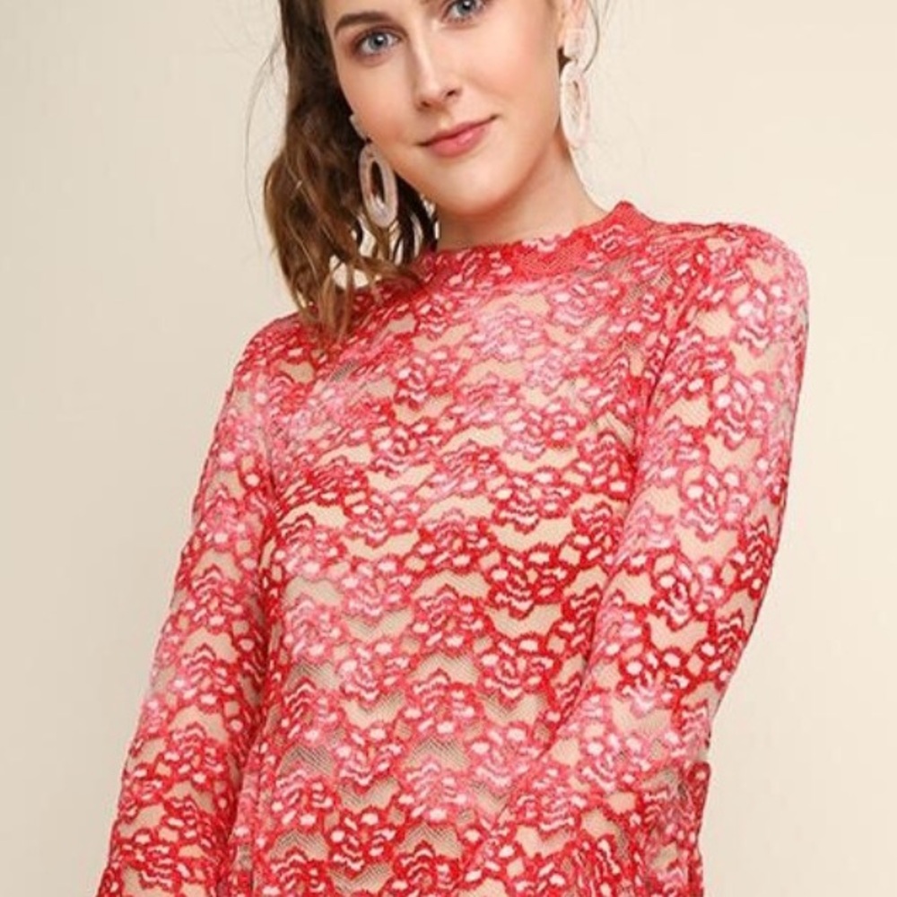 Umgee Red Lace Long Sleeve Sheer Top